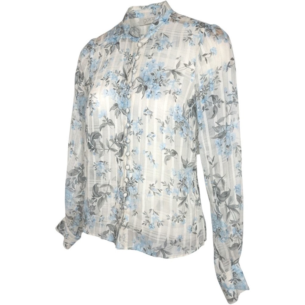GOAT Jane Atelier Floral High Neck Button Blouse Silk Cotton Blend Blue Cream 6